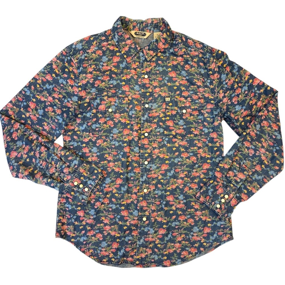 Salt Valley Western Womens Medium Floral Pearl Snap Button Down Denim Shirt Blue